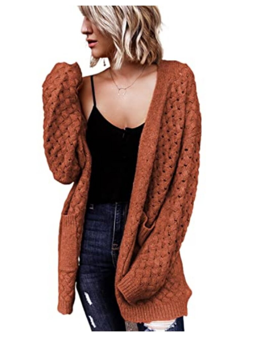 Women's Cable Knit Open Front Long Sleeve Cardigan Sweater with Pockets